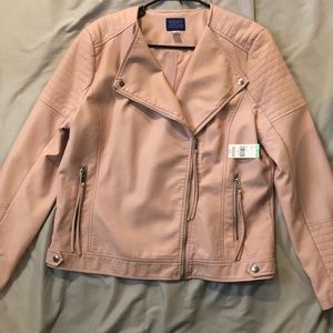 Blush pink leather jacket.